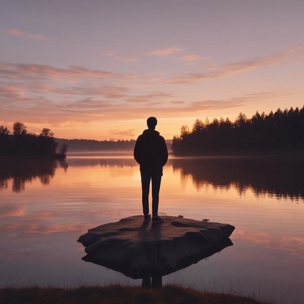 Profile picture of person standing beside a lake at sunset
